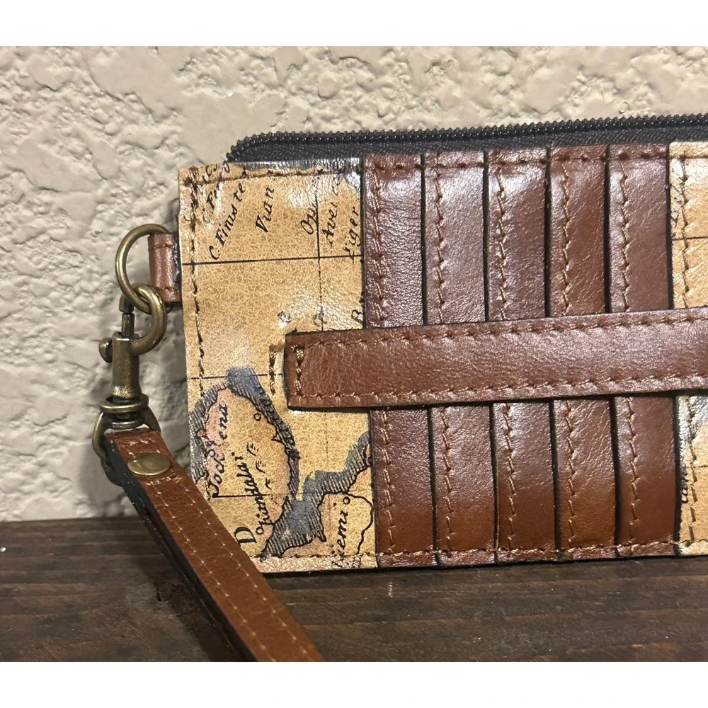 Patricia Nash Vintage Map Leather RFID Card Case Wristlet Wallet Brown Tan